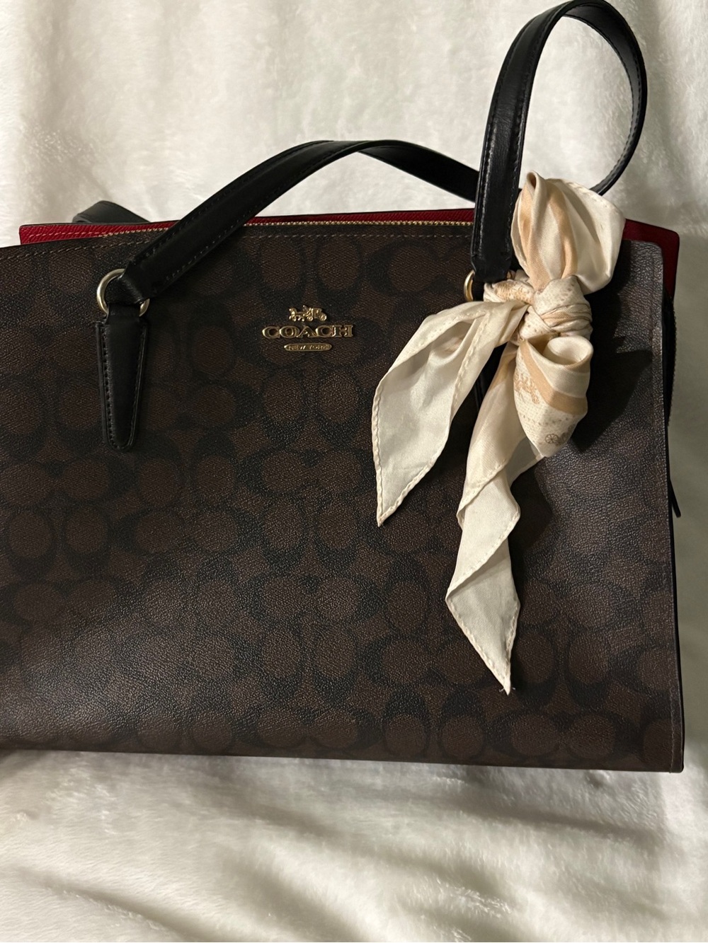 Coach Brown Signature Tote with Black Handles and Red Trim i